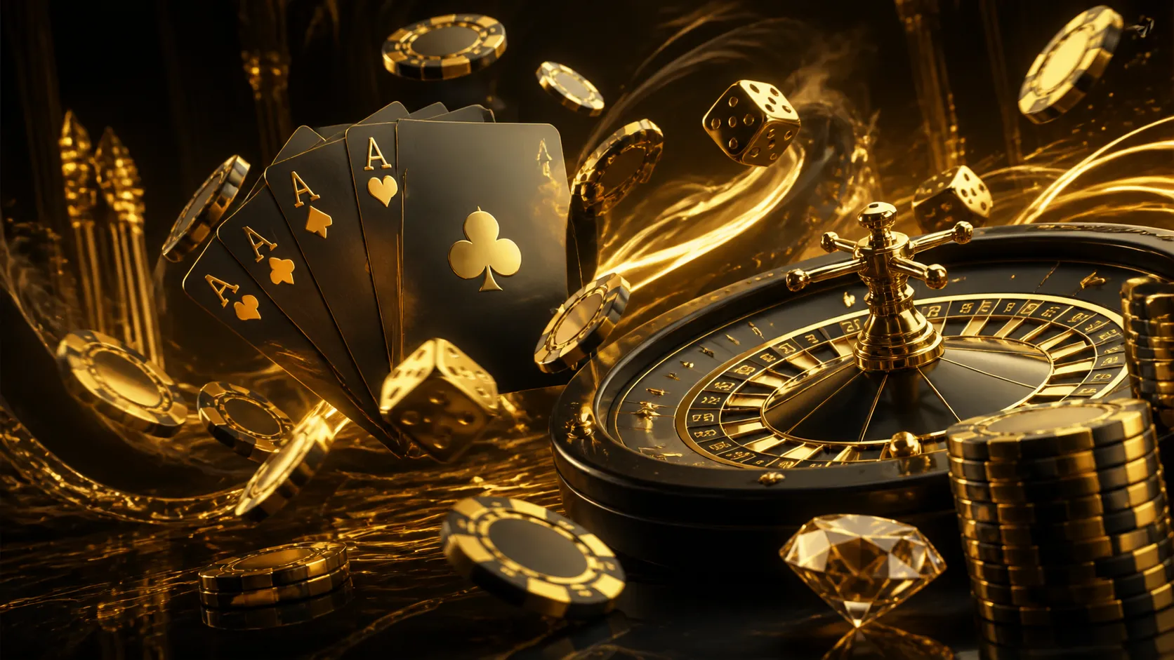 Luxurious casino-themed hero banner featuring 3D isometric render of poker chips, playing cards, and gold accents, representi