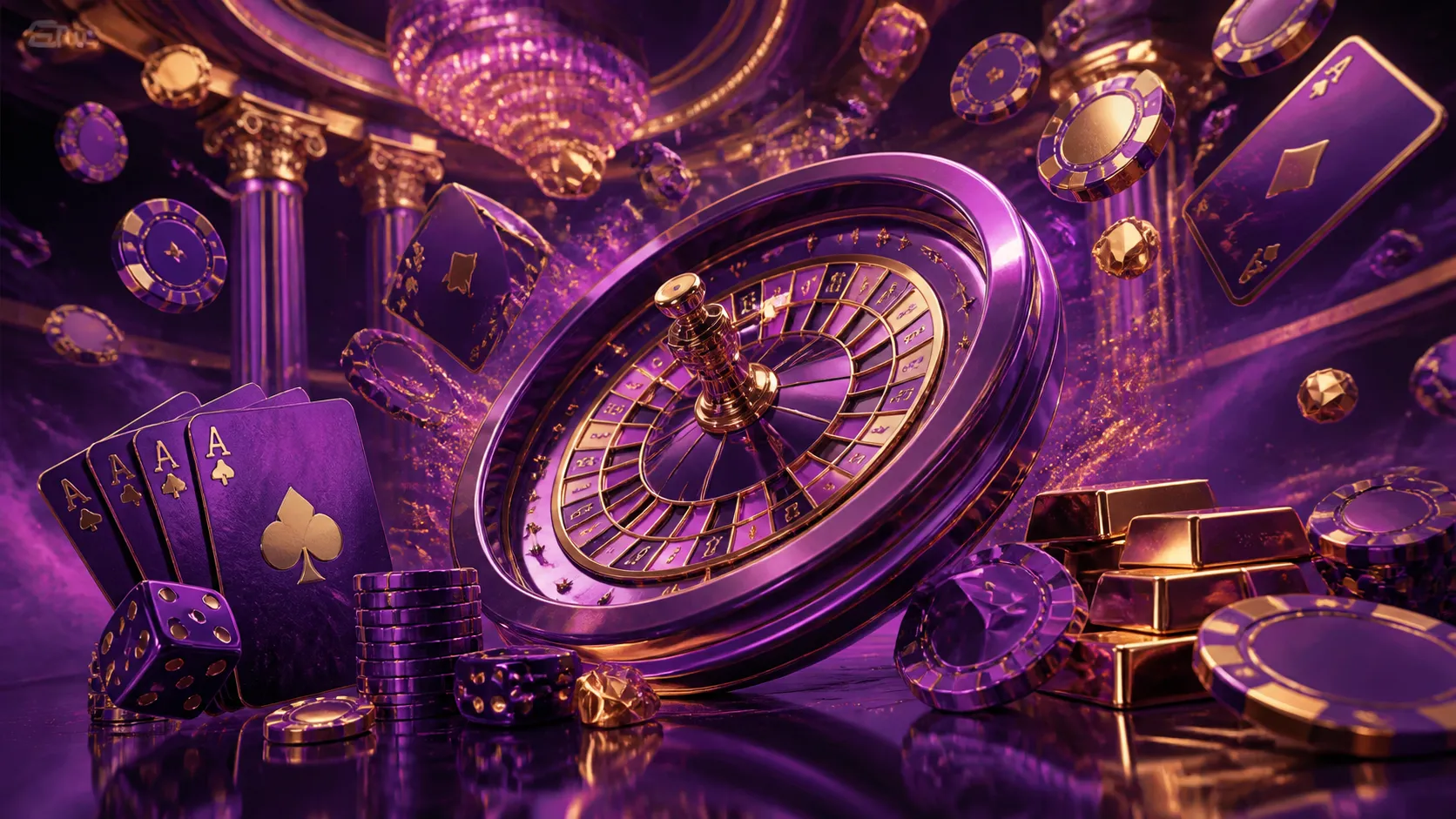 Hero banner image featuring a futuristic casino scene with neon glowing poker chips and roulette wheel, conveying the high-en