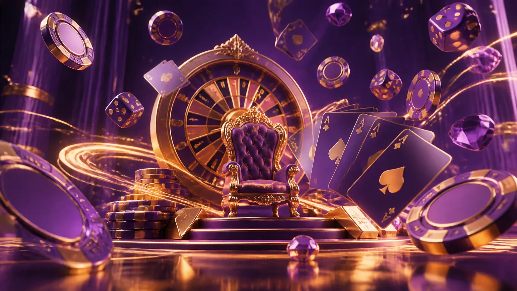 Cinematic hero banner for luxury online casino with poker chips, glowing dice, and vibrant hues.